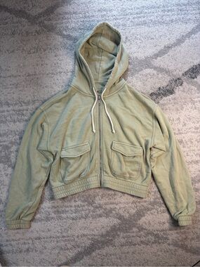 Aerie Sage Green Full Zip Cargo Pocket Hoodie Small Y2K Oversized